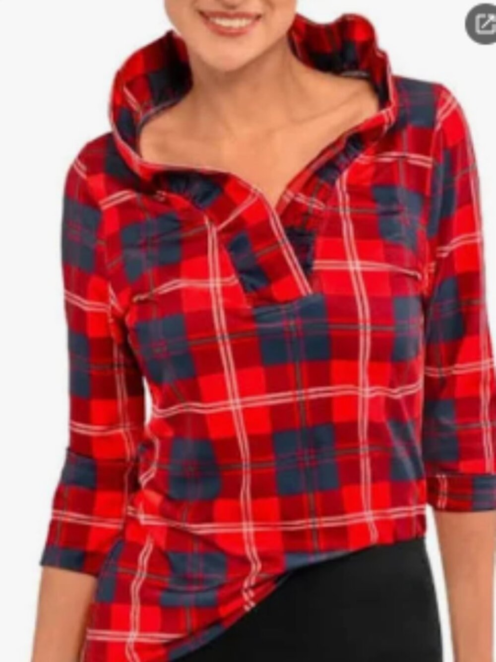 Gretchen Scott Ruffle Neck Middleton Red Plaid 3/4 Sleeve Blouse Top Size Large